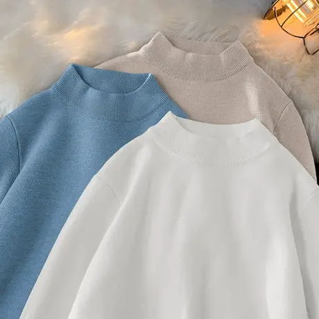 半高领毛衣男纯色白色打底衫针织衫毛线衣秋冬一体绒加厚中领毛衫商品大图