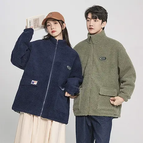 羊羔绒外套男春秋季字母贴标立领开衫棉服宽松休闲美式保暖上衣服商品大图