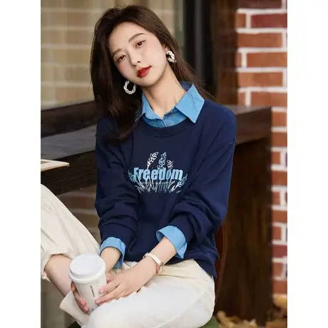 时尚休闲卫衣2023年秋季新款女装百搭通勤衬衫领假两件长袖上衣图片