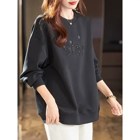 宝诗黎圆领字母刺绣亮片落肩长袖上衣女2024春季新款内搭显瘦卫衣图片