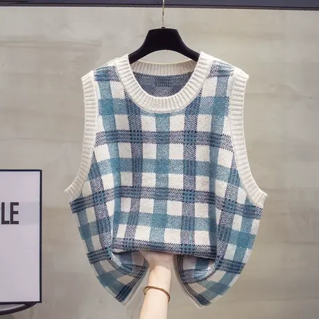 大码圆领针织马甲背心女2023秋装新款宽松外穿马夹格纹毛衣坎肩潮商品大图
