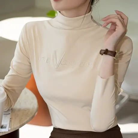 半高领德绒打底衫女秋冬长袖T恤内搭刺绣黑色洋气上衣2023新款潮图片