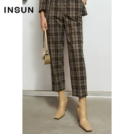 INSUN恩裳秋季复古英伦格纹烟管裤西裤商品大图