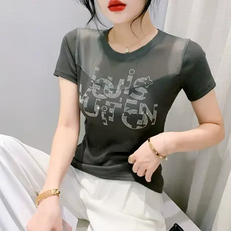 网纱拼接上衣女短袖2024夏季新款时尚烫钻T恤洋气性感镂空小衫ins商品大图
