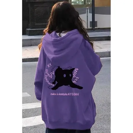 深紫色连帽卫衣女款2024年新款爆款秋冬季加绒慵懒风宽松外套上衣图片