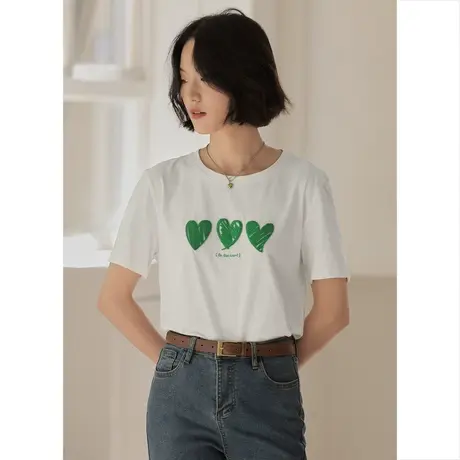 弥古小个子白色纯棉正肩短袖刺绣爱心t恤女夏宽松显瘦休闲上衣商品大图
