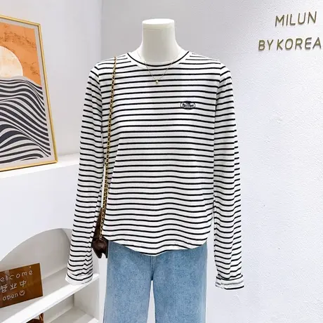 韩代同款~2023秋冬新款德绒长袖条纹磨毛T恤加厚上衣打底衫显瘦图片