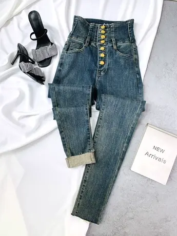 韩版排扣加绒牛仔小脚裤女2023冬季新款显瘦百搭高腰裤弹力包臀裤商品大图