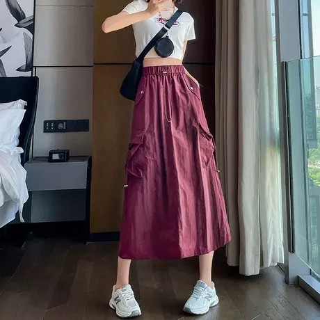 速干工装半身裙女2023夏季新款高腰显瘦宽松a字酒红色中长款裙子图片