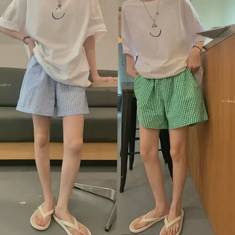 2023年新款梭织纯棉小格子宽松短裤阔腿百搭显瘦神裤图片