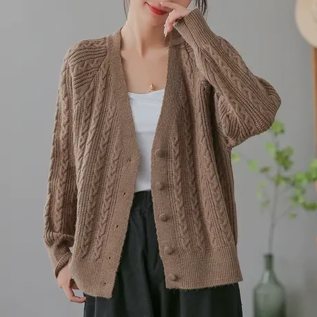 dza 复古棉线针织开衫上衣女士宽松V领毛衣春秋新款休闲短款外套图片