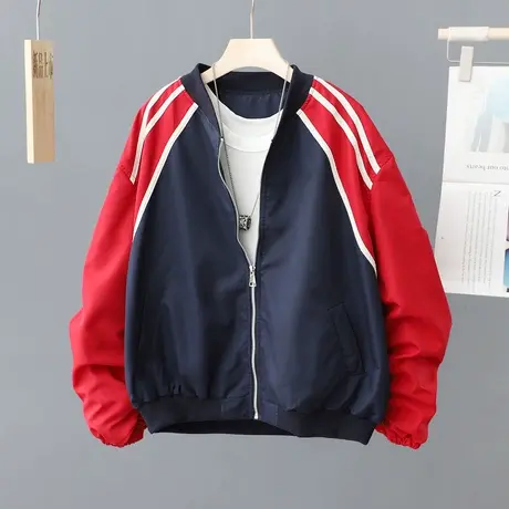 外套女美式复古休闲2024春秋新款上衣撞色立领棒球服短款宽松夹克商品大图