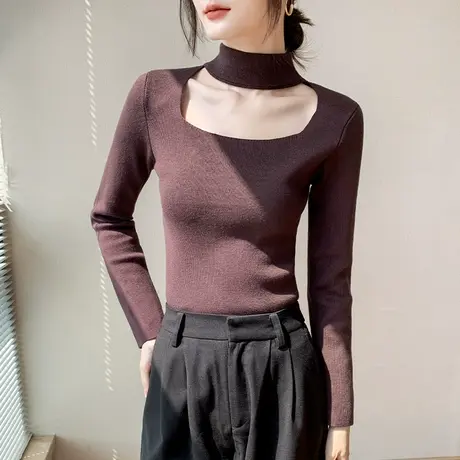 挂脖高领针织打底衫2023春季女新款露锁骨修身显瘦设计感小众上衣图片