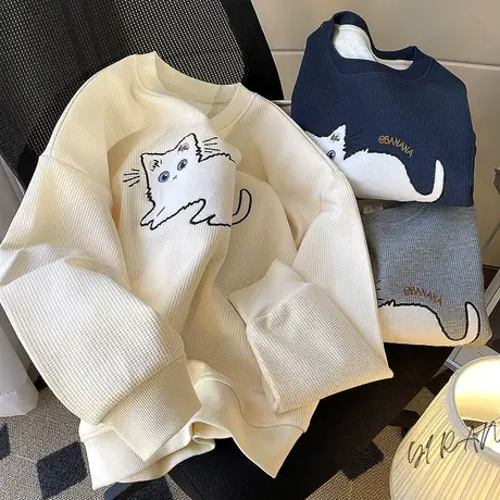华夫格卫衣女春秋薄款2022新款韩版宽松休闲百搭圆领套头无帽上衣商品大图