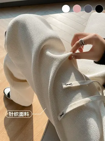 白色灯芯绒阔腿裤女秋冬季2023新款高腰垂感休闲加绒小个子针织裤商品大图