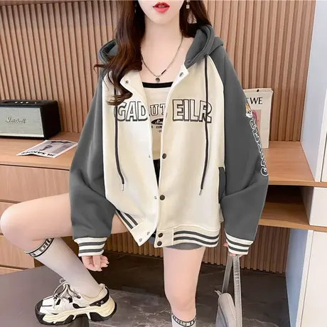 外套女2023新款秋冬季韩版宽松加绒加厚小个子带帽棒球服开衫卫衣商品大图