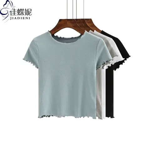 韩版圆领修身显瘦短款荷叶边短袖女装上衣体恤内搭打底衫纯棉T恤图片