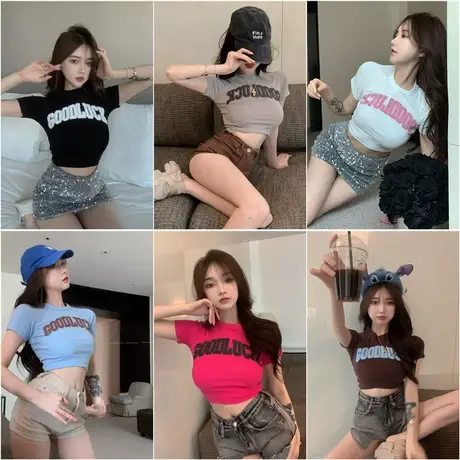 夏季新款复古辣妹上衣女设计感小众短款露脐短袖t恤美式打底小衫图片