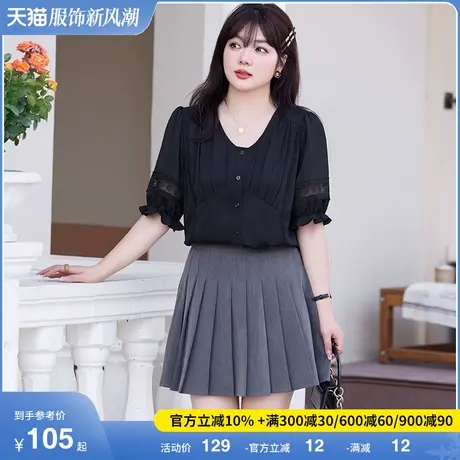 2023年夏季新款大码女装短袖上衣套头显瘦胖MM黑色雪纺衫宽松直筒商品大图