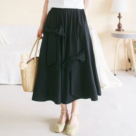 【买一送一】棉质手工蝴蝶结黑色半身裙女复古文艺透气宽松夏裙商品大图