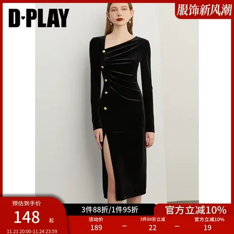 DPLAY德帕拉秋新气质轻奢不对称捏褶金属扣开衩丝绒连衣裙小黑裙图片