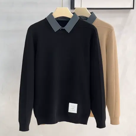 轻商务长袖衬衫领假两件毛衣男秋季修身休闲针织衫上衣保暖毛线衫商品大图