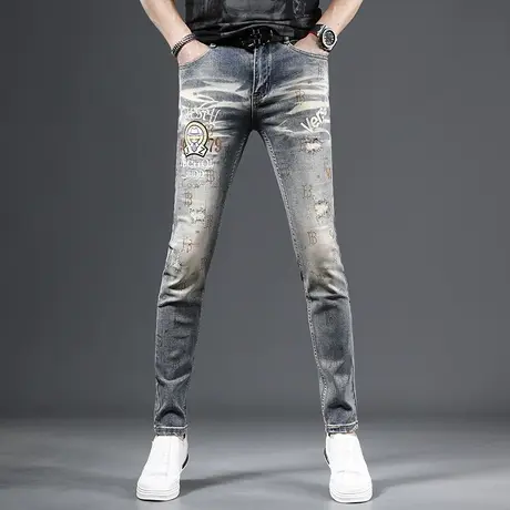 高端春季牛仔裤男破洞刺绣修身小脚蓝色复古男士潮牌个性高街裤子商品大图