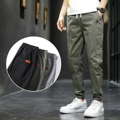 纯棉运动男裤子工装男士束脚宽松春秋款九分休闲裤军绿色夏季薄款商品大图