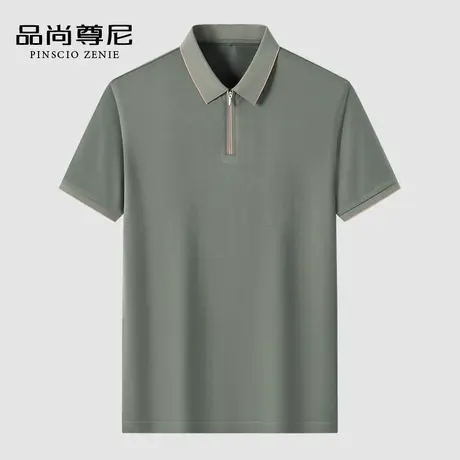 【含桑蚕丝】拉链半开襟男士短袖T恤纯色亲肤透气POLO衫爸爸装夏商品大图