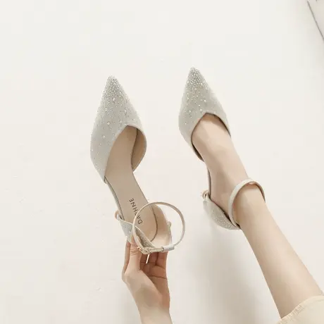 法式气质水钻高跟鞋女2024年春季新款一字带中空尖头百搭细跟单鞋商品大图
