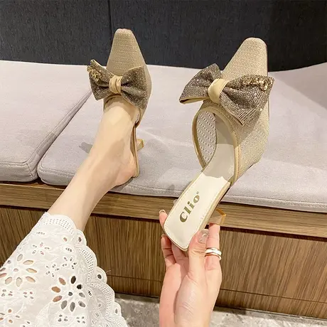 半拖鞋女细跟2024夏季新款蝴蝶结水钻高跟凉拖鞋性感一脚蹬穆勒鞋图片