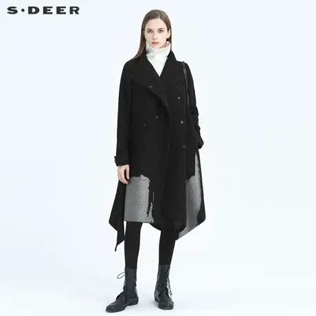 sdeer圣迪奥冬季立领胶印不规则拼接长款毛呢大衣女S20481837🔗商品大图