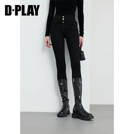 DPLAY春生图小黑裤 佰搭高腰高弹修身金属扣磨毛小脚牛仔裤女商品大图