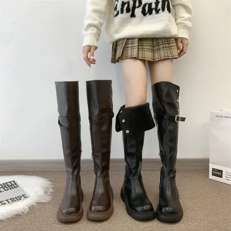气质显瘦过膝长靴女2023年新款配裙子两穿骑士靴高级感粗跟高筒靴图片
