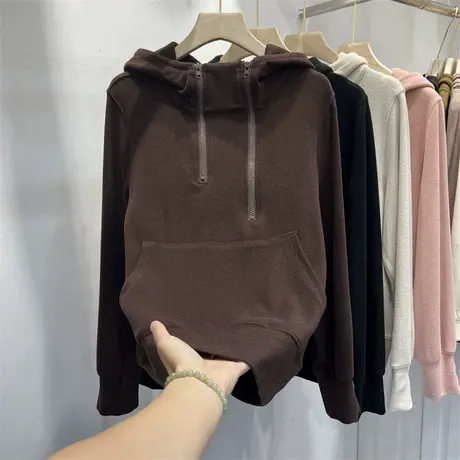 双拉链半开领大口袋德绒连帽卫衣女秋冬打底衫设计感小众帽衫上衣图片