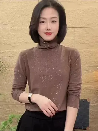 洋气高领打底衫女2023冬季新款女装亮片遮肉减龄百搭长袖T恤女潮图片