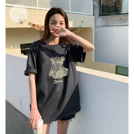 yoe23夏装短袖t恤女上衣美式复古oversize小熊小众深灰色显瘦辣妹商品大图
