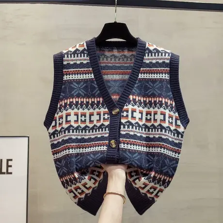 复古针织开衫马甲背心女2024春秋新款宽松外穿马夹v领毛衣坎肩潮商品大图