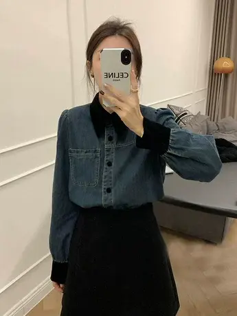 2023冬季新款女港味复古叠穿加绒上衣百搭外穿牛仔柔软衬衫衬衣潮商品大图