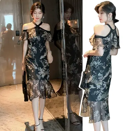 泫雅风礼服鱼尾裙2023夏季法式碎花雪纺中长款挂脖露肩高定连衣裙商品大图