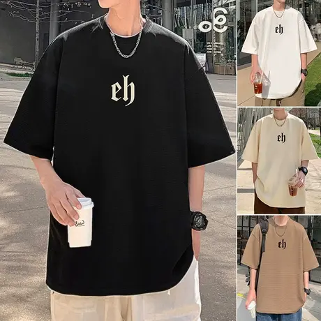 美式短袖t恤男夏季宽松潮牌休闲华夫格半袖ins高级感五分袖上衣服商品大图