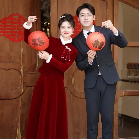 敬酒服2023新款新娘冬季长袖加绒加厚保暖订婚礼服中式红色旗袍裙图片