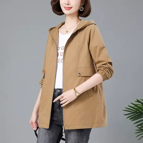 休闲外套女春秋新款大码女装上衣宽松中年妈妈中长款显瘦连帽风衣商品大图