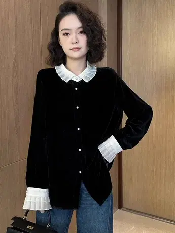 欧洲站2024早春新款黑色金丝绒衬衫女娃娃领极简风轻奢长袖上衣潮商品大图