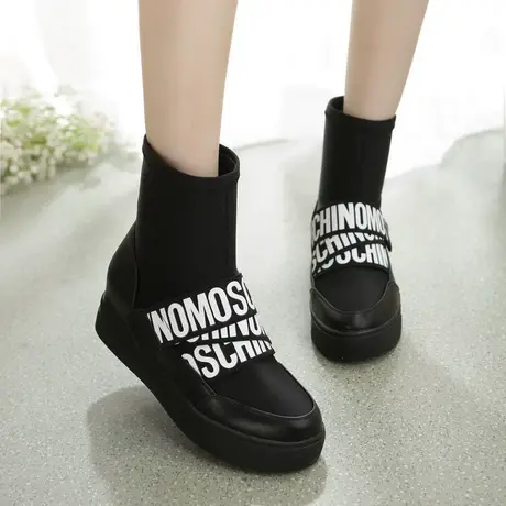 春秋女靴短靴弹力布短筒靴平跟厚底内增高女鞋韩版潮马丁靴瘦腿靴图片