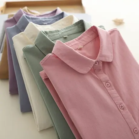 春秋新款磨毛长袖白色衬衫女宽松休闲百搭文艺娃娃领纯棉打底上衣图片