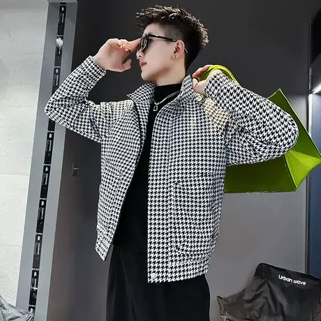 千鸟格工装夹克男春季潮流韩版休闲褂子ins立领痞帅男装外套上衣商品大图