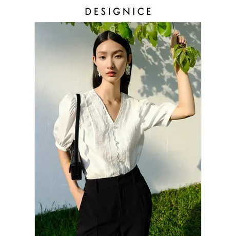 迪赛尼斯夏季新款V领气质泡泡袖法式宽松短袖白色上衣女小衫图片