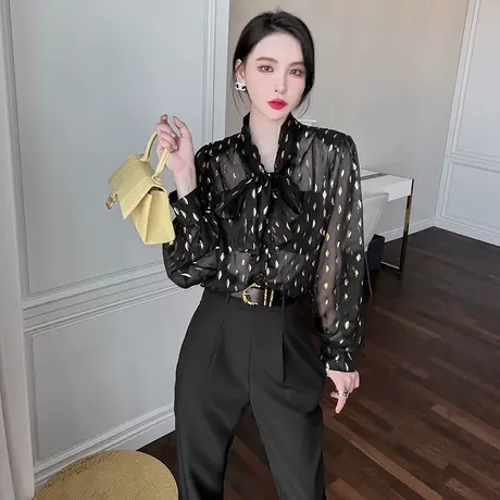 轻熟风飘带雪纺印花衬衫女士春2024年新款小衫衬衣减龄蝴蝶结寸衫图片