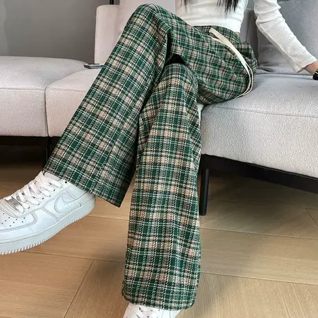 慵懒风复古绿色格子裤女春秋款高腰显瘦直筒裤宽松阔腿拖地休闲裤商品大图